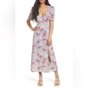 Floret Studios FLORAL PRINT EMPIRE WAIST MAXI DRESS IN BLUE MAUVE FLORAL